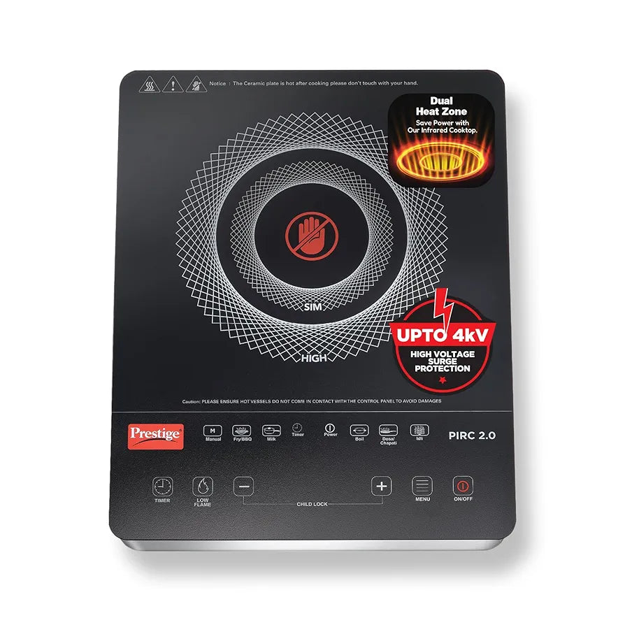 Prestige PIRC 2.0 2000 Watts Infrared Dual Heating Zone Cooktop |High Voltage Surge Protection| Dual Heat Mode| Radiant Heating Technology| Feather Touch Buttons| Stainless Steel Body| Black & Silver