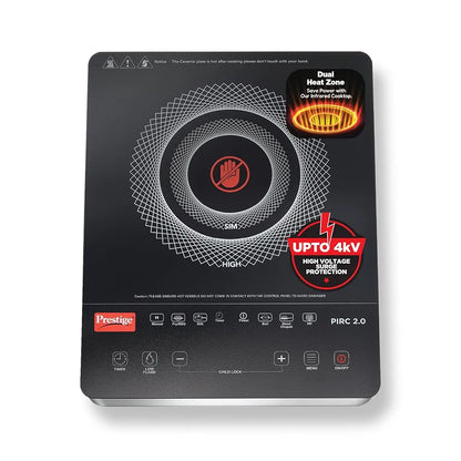 Prestige PIRC 2.0 2000 Watts Infrared Dual Heating Zone Cooktop |High Voltage Surge Protection| Dual Heat Mode| Radiant Heating Technology| Feather Touch Buttons| Stainless Steel Body| Black & Silver