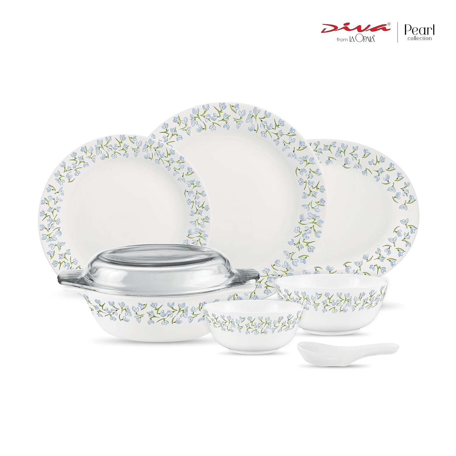 Diva by La Opala, Pearl Collection, Opal Glass Dinner Set 35 pcs, Silky Cluster, White