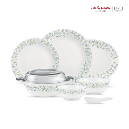 Diva by La Opala, Pearl Collection, Opal Glass Dinner Set 35 pcs, Silky Cluster, White