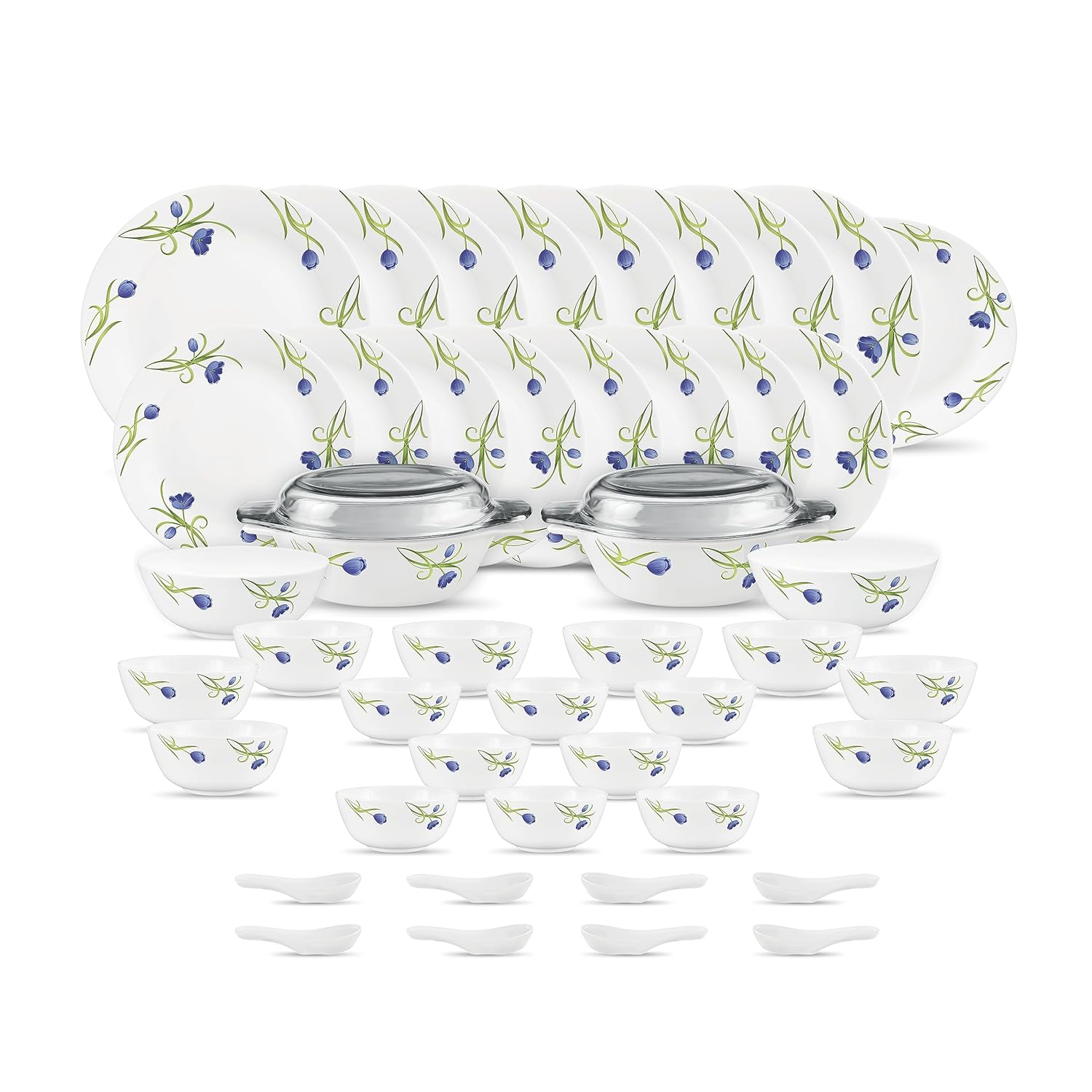 Diva by La Opala, Pearl Collection, Opal Glass Dinner Set 47 pcs, Turquoise Trims, White