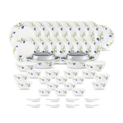 Diva by La Opala, Pearl Collection, Opal Glass Dinner Set 47 pcs, Turquoise Trims, White