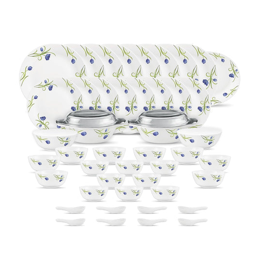 Diva by La Opala, Pearl Collection, Opal Glass Dinner Set 47 pcs, Turquoise Trims, White