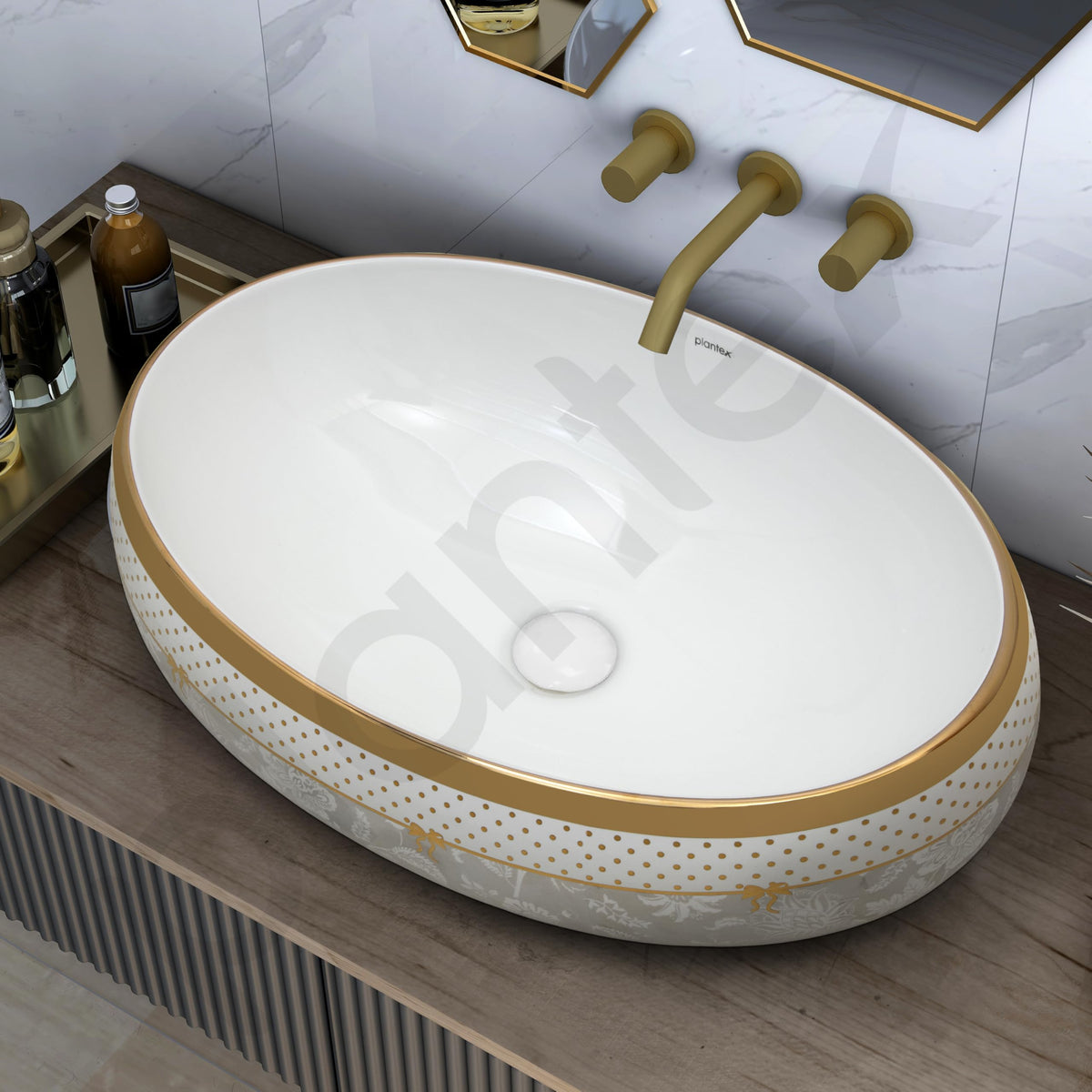 Plantex Tabletop Wash Basin for Bathroom/Designer Ceramic Basin/Countertop Vessel Sink Basin for Home/Hotel - (16016, White & Gold)-6