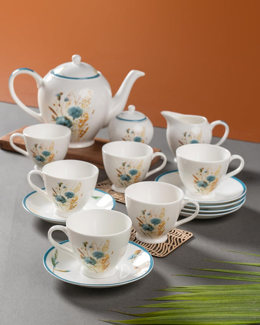 Clay Craft Fine Ceramic Tea Set of 15-1 Tea Pot with Lid +6 Cups+6 Saucers +1 Milk Pot + 1 Sugar Pot (King MW MW202)