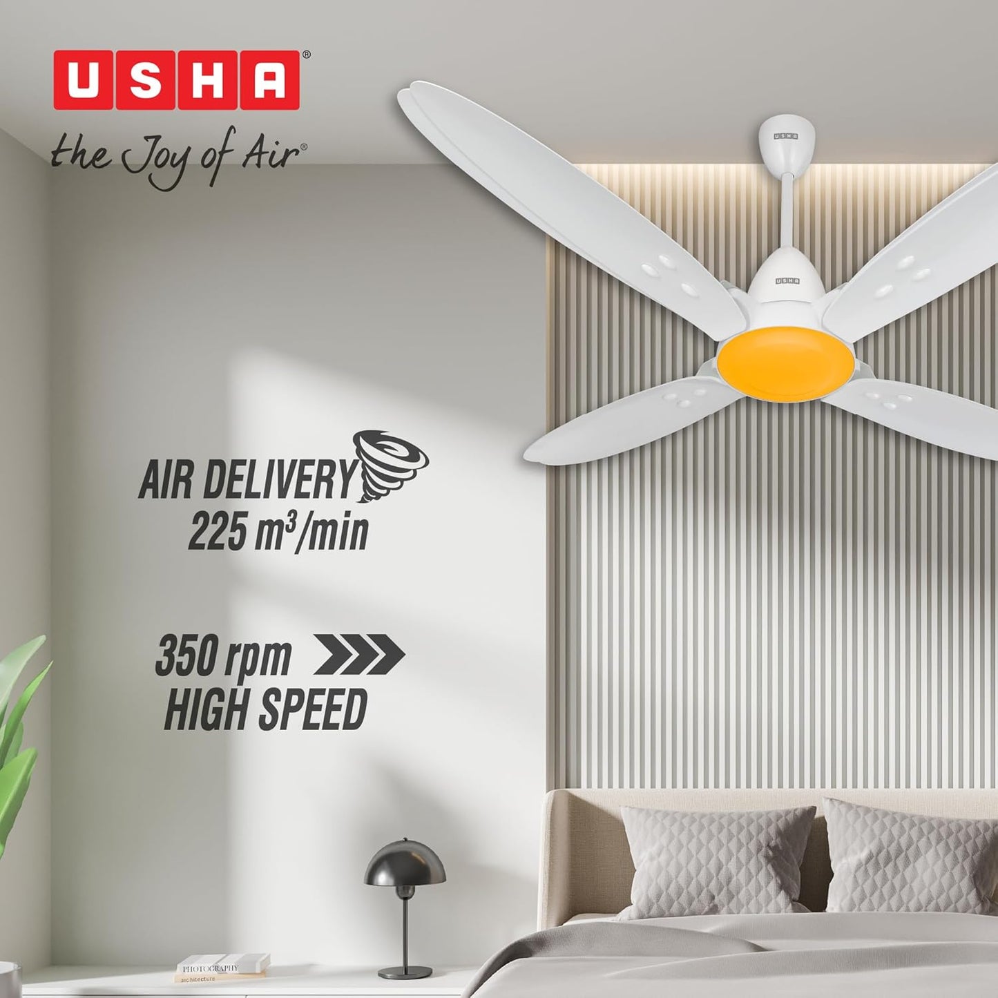 USHA New Bloom Series Lily Nova (Inspired by Lily) 4-Blade BLDC Ceiling Fan with Bi-Directional Feature | Sleep/Boost/Timer Modes | RF Remote | Dust-Resistant | Whisper-Quiet (White & Saffron Yellow)
