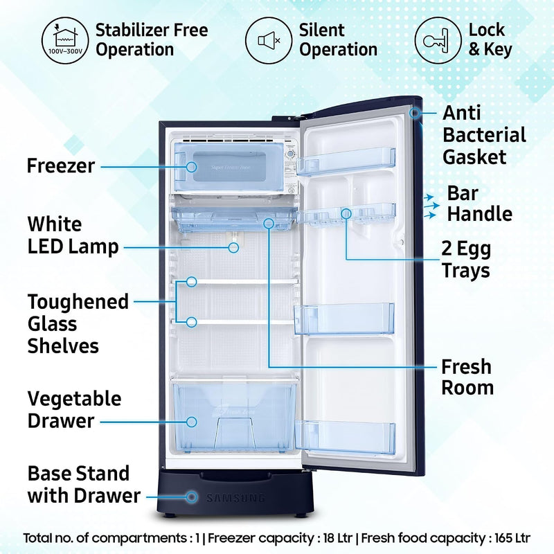 Samsung 183 L, 5 Star, Digital Inverter, Direct-Cool Single Door Refrigerator (RR20D2825UZ/NL, Midnight Blossom Blue, Base Stand Drawer)-3