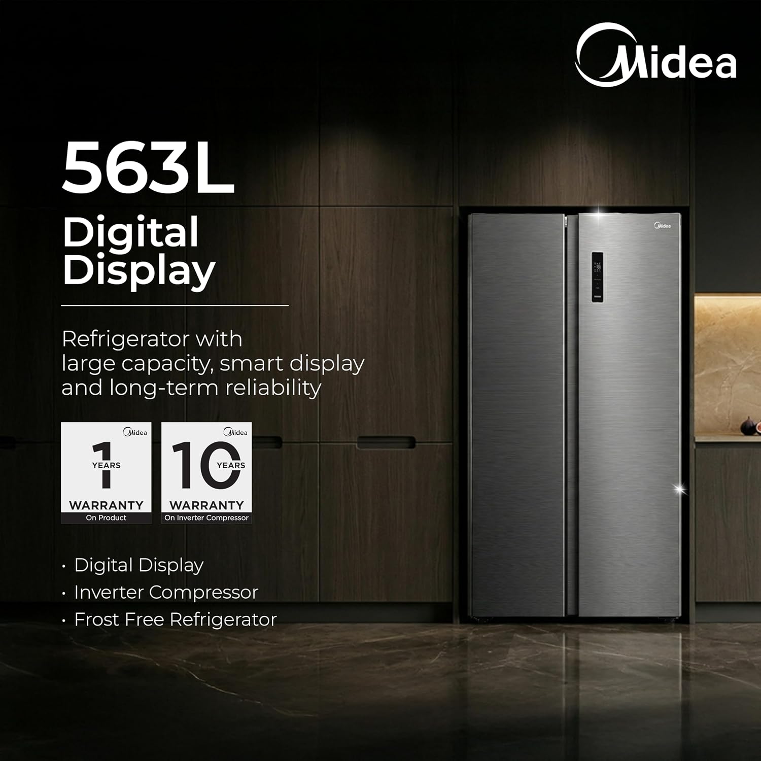 Midea 563 L Inverter Compressor with Multi Air Flow Cooling, Digital Display, Side by Side Refrigerator (MDRS710FGF46, Portable Ice Maker, Frost Free, Bru-Steel Finish)