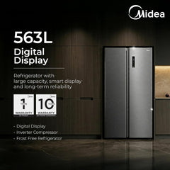 Midea 563 L Inverter Compressor with Multi Air Flow Cooling, Digital Display, Side by Side Refrigerator (MDRS710FGF46, Portable Ice Maker, Frost Free, Bru-Steel Finish)