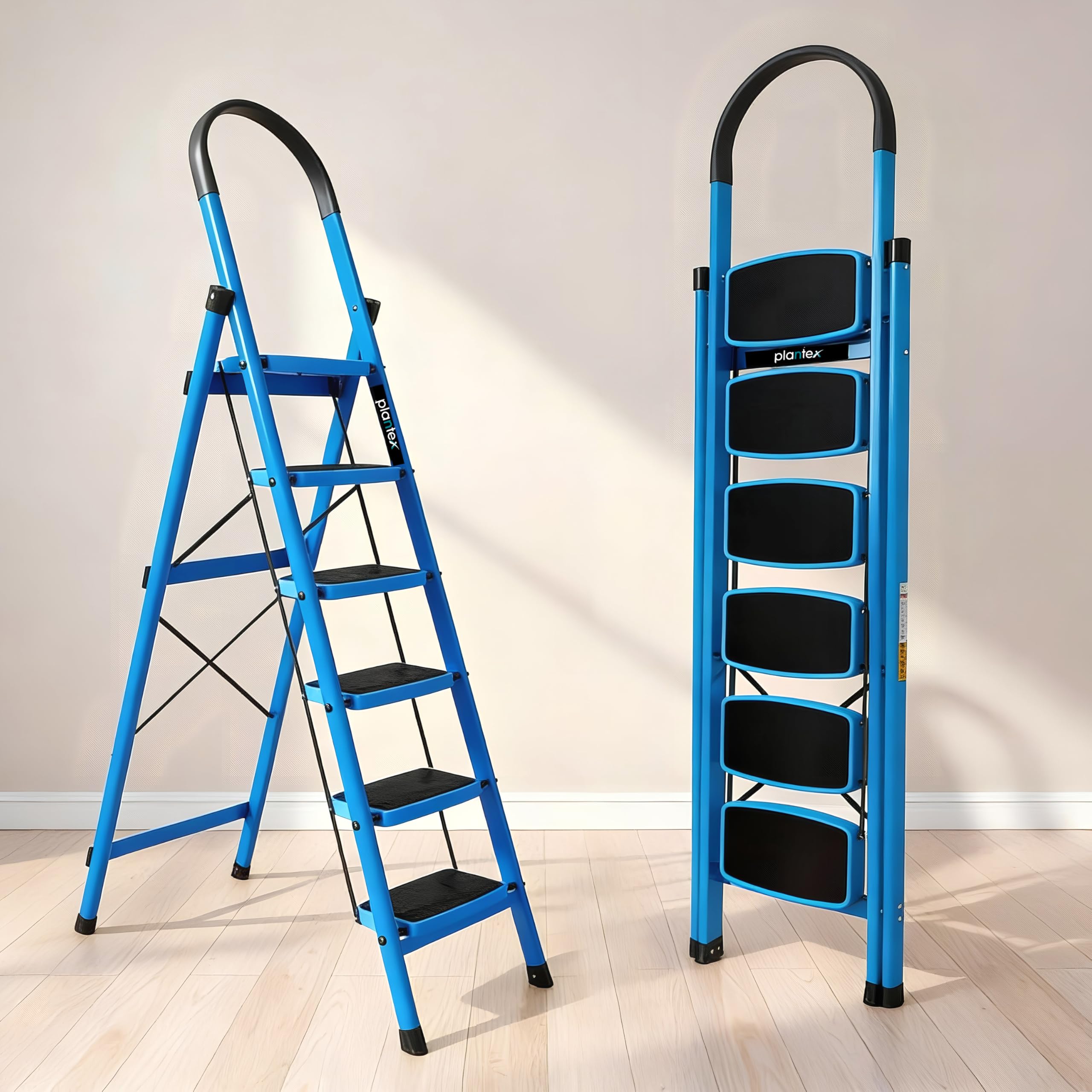 Plantex Premium 4 Step Steel Ladder/Ladder for Home/Wide Anti-Skid Wide Step Ladder/Capacity Upto 150 Kg (Blue & Black)
