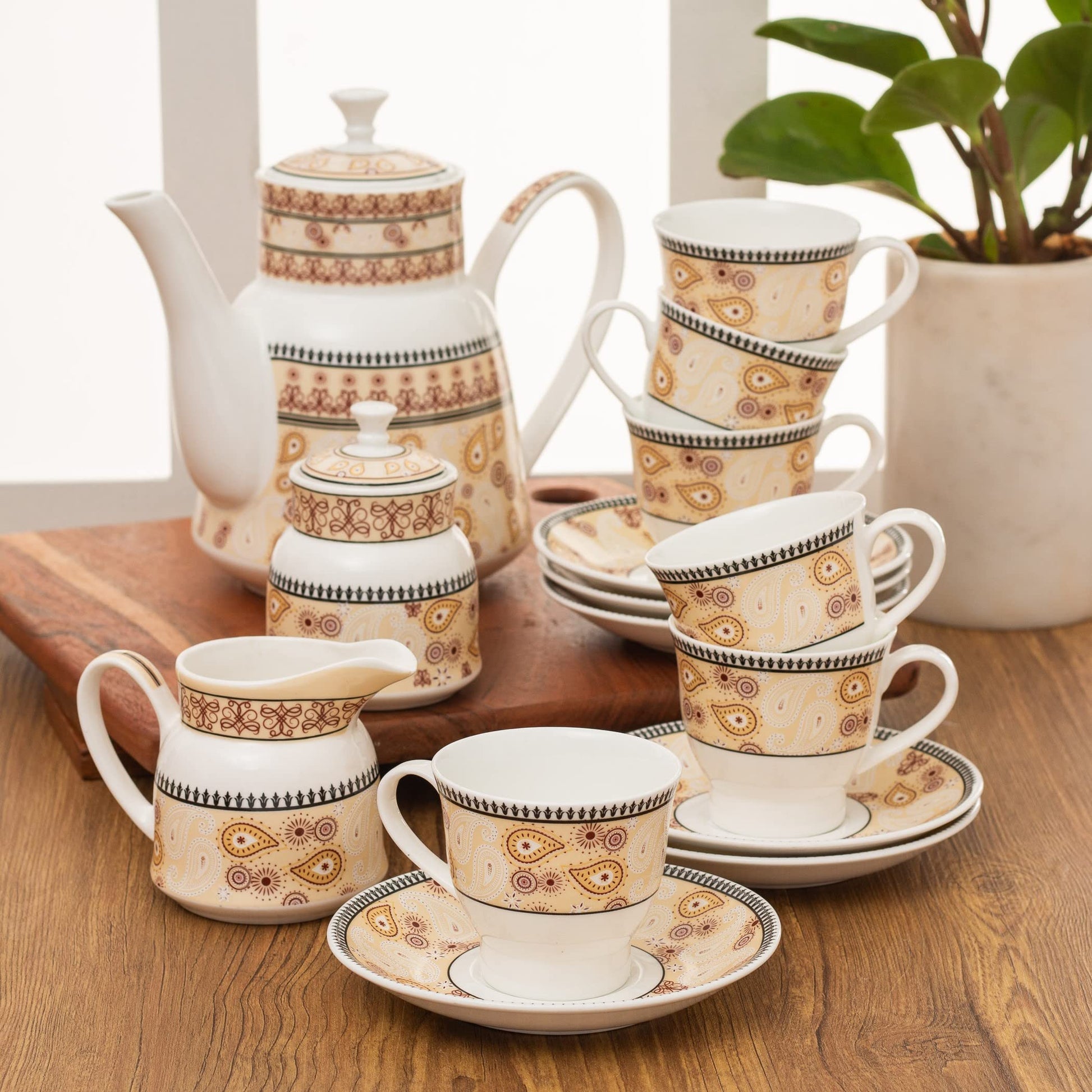 Clay Craft Fine Ceramic Tea Set of 15 (1 Tea Pot with Lid +6 Cups+6 Saucers +1 Milk Pot + 1 Sugar Pot) Can be Gifted to Any Ocassion to Your Loved Ones (Design 1 - Floral)