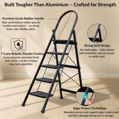 Plantex Hercules Pro 5-Step Foldable Ladder for Home with 150 kg Load Capacity/Heavy-Duty Steel Ladder/Anti-Slip Wide Step/Strong, Stable & Multi-Purpose (Black)-4