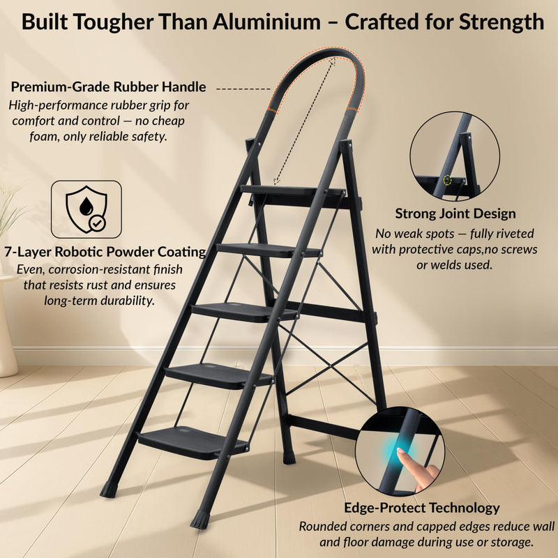 Plantex Hercules Pro 5-Step Foldable Ladder for Home with 150 kg Load Capacity/Heavy-Duty Steel Ladder/Anti-Slip Wide Step/Strong, Stable & Multi-Purpose (Black)-4