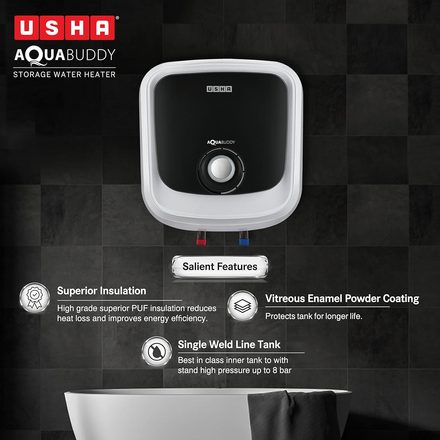 USHA Aquabuddy 15 Litre Storage Wall Water Heater With Free Installation (White Black)