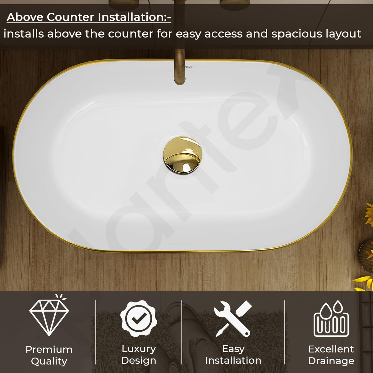 Plantex Designer Washbasin for Bathroom/Ceramic Countertop Basin/Oval Tabletop Wash Basin/Hand Wash Sink for Restaurant/Hotel (20.5x12x4.5 inch - White & Gold)-5