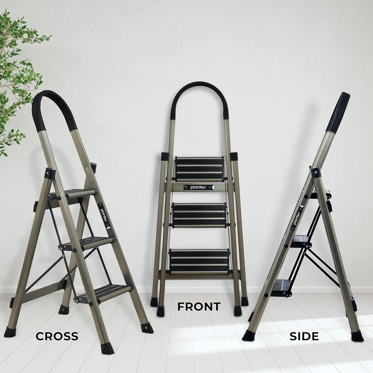 Plantex Guardex 3 Step Foldable Aluminum Ladder for Home/Anti-Slip Shoes and Edge Guards/5 Year Manufacturer Warranty Ladder for Home (Anodized Coated-Gold)