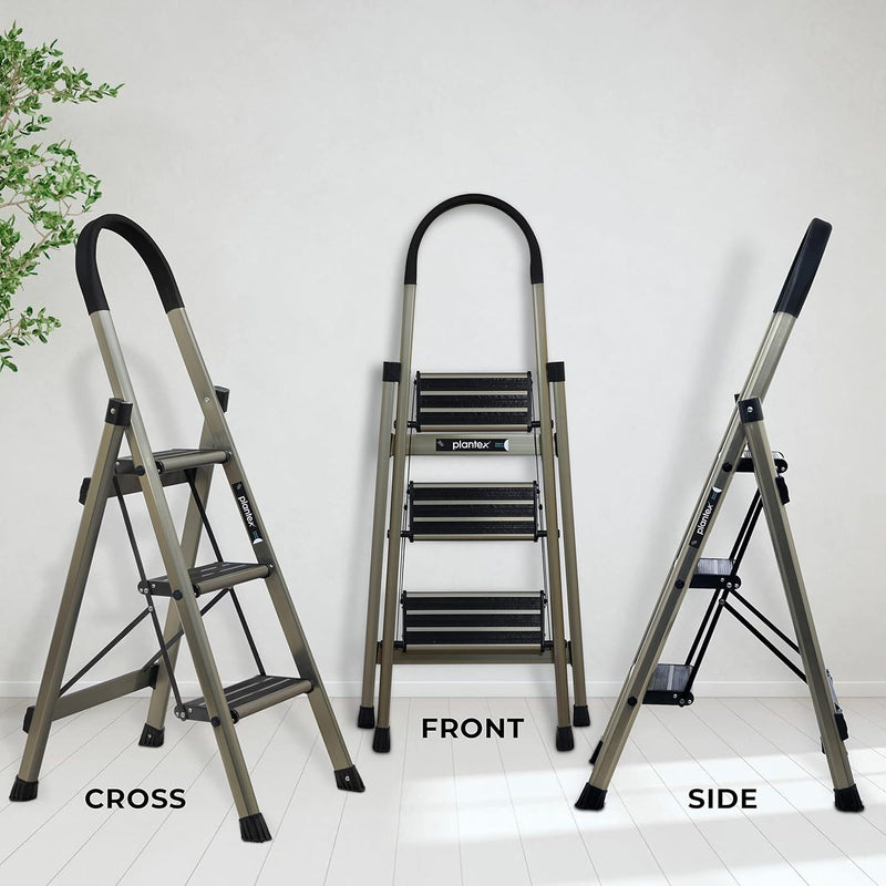 Plantex Guardex 3 Step Foldable Aluminum Ladder for Home/Anti-Slip Shoes and Edge Guards/5 Year Manufacturer Warranty Ladder for Home (Anodized Coated-Gold)