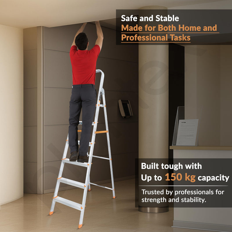 Plantex Legend 6 Step Aluminium Ladder for Home/Wide Anti-Skid Steps/Capacity Upto 150 kg/5 Year Manufacturer Warranty (Orange-Silver)-6