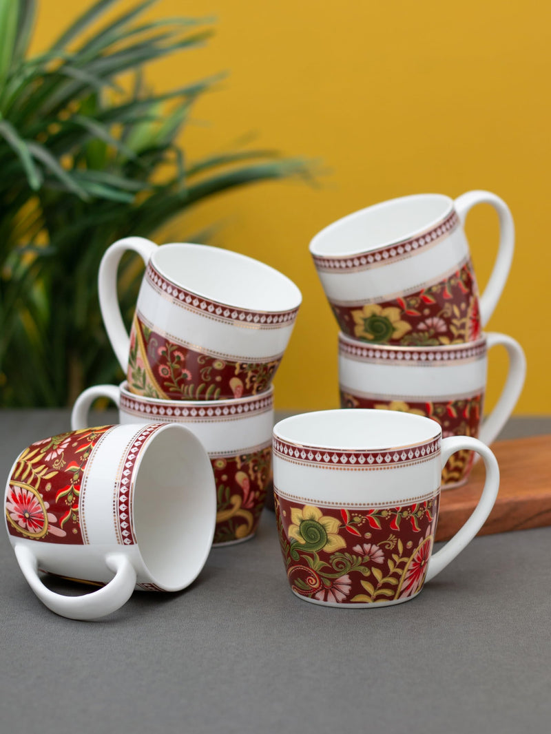 Clay Craft Fine Ceramic Tea/Coffee Cup Set of 6-200 ml Each (Alton Hilton 379), Tea Cup Set of 6, Microwave & Dishwasher Safe, Mugs for Coffee, Cups Set of 6, Mug Set, Gift Set, Ideal for Gifting