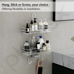 Plantex No Drill Bathroom Organiser/Shower Caddy for Bathroom Hanging/5in1 Stainless Steel Shelf with Soap Holder and Hooks (Big Size-Square Shape-Chrome Finish)-3