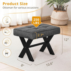 Solid Sheesham Foot Stool, 12" H Small Foot Stools Ottoman, Durable Linen Footstool X-Leg, Padded Foot Rest Ste