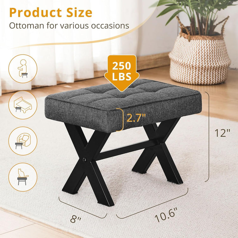 Solid Sheesham Foot Stool, 12" H Small Foot Stools Ottoman, Durable Linen Footstool X-Leg, Padded Foot Rest Ste
