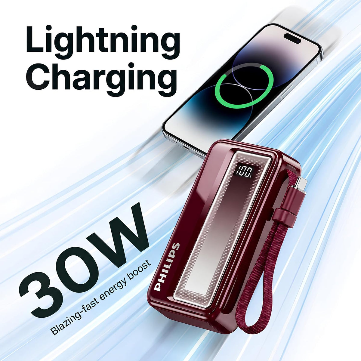Philips 10000mAh 30W Max Fast Charging Power Bank (Iron Red) with Built-in Cable