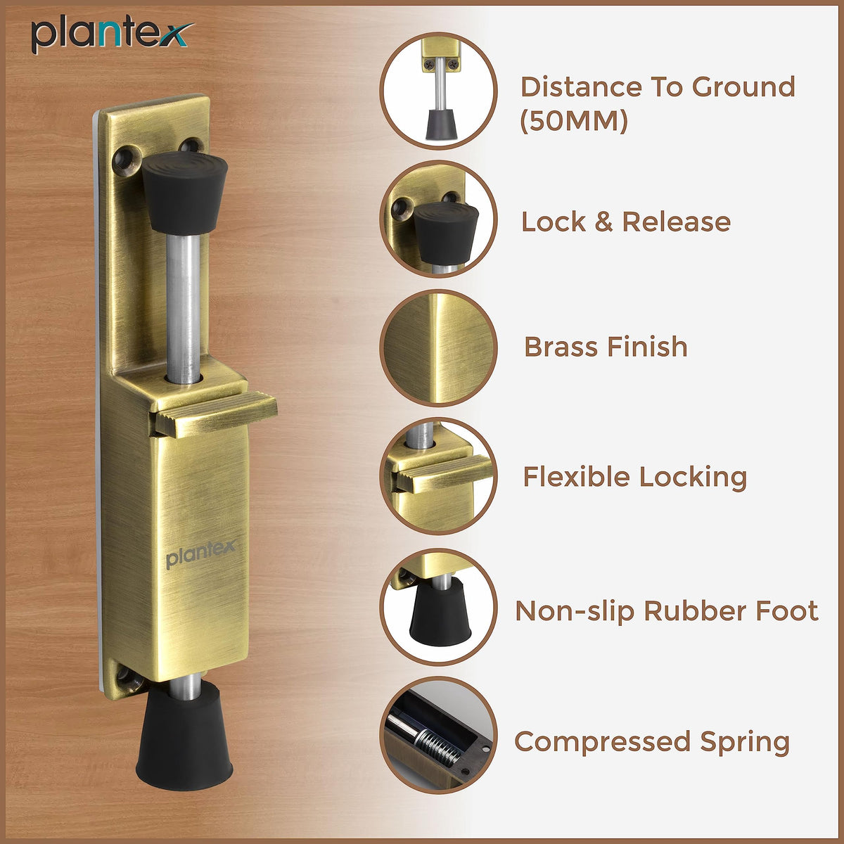 Plantex Kickdown Door Stopper Spring Loaded Telescopic Step On/Off Door Stopper Rubber, Adjustable Heavy Duty Door Locks Holder Stops/Release by Foot/Door Stop - (Brass Antique)-5