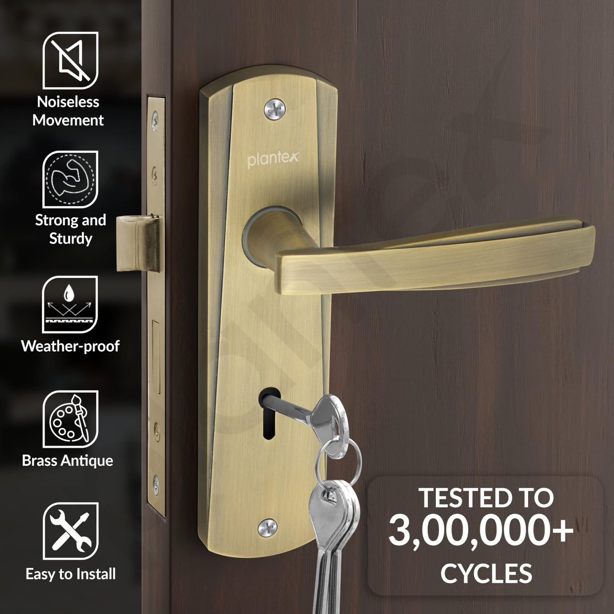 Plantex Heavy-Duty Door Lock Set - Main Door Lock Handle Set/Mortise Lock with 3 Keys, Pack of 1 (8130-Brass Antique)-2