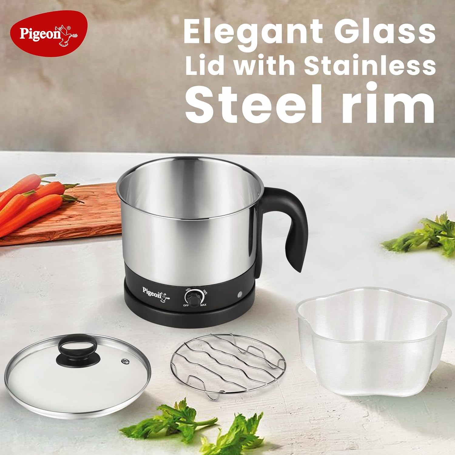 Pigeon By Stovekraft 1.5 Liters Multipurpose Kessel 3 In 1 Value Pack, Multi Cooker, Idli Stand With 3 Plates, Steamer With Stainless Steel Stand (Black & Silver), 600 Watts