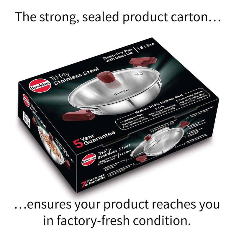 Hawkins 1.5 Litre Deep Fry Pan, Triply Stainless Steel Kadai with Glass Lid, Flat Bottom Induction Kadhai, Small Kadai, Silver (SSD15G)