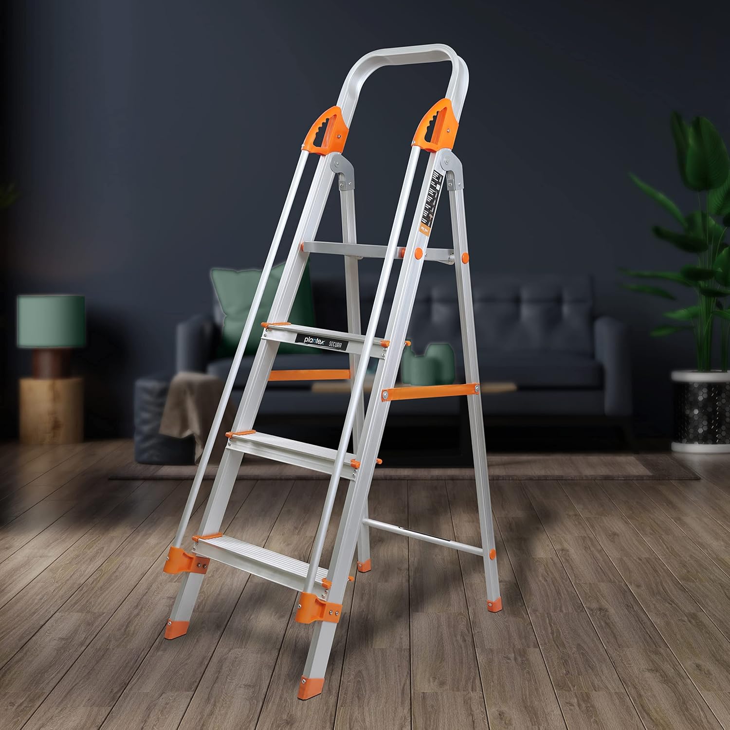 Plantex Secura 4 Step Ladder for Home/Aluminium Foldable Ladder with Safe Hand Rail (Orange-Chrome)