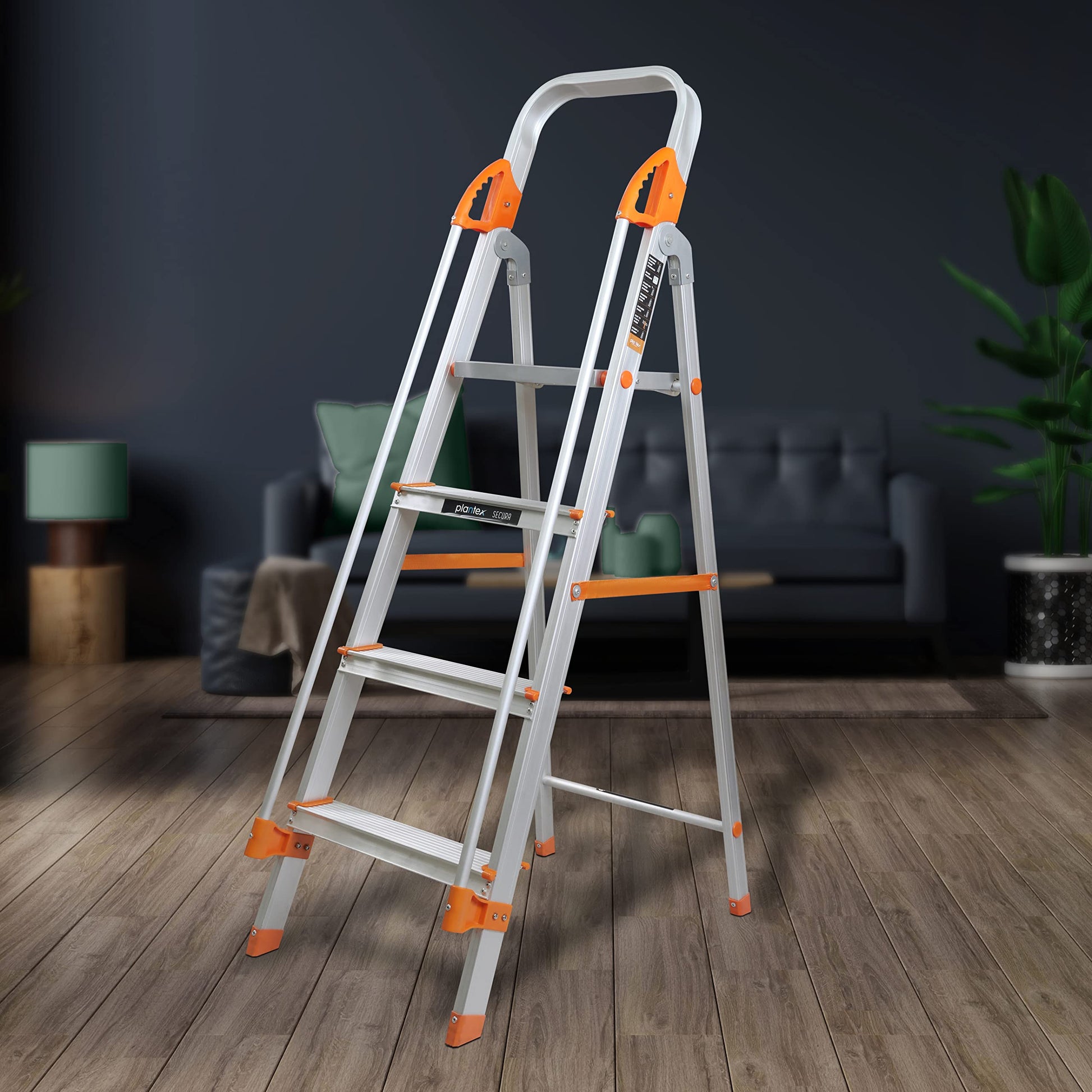 Plantex Big Foot 5 Step Foldable Aluminium Ladder/Step Ladder for Home Use with Wide Anti-Slip Steps and Secured Joints/5-Year Manufacturer Warranty(Black & Silver)