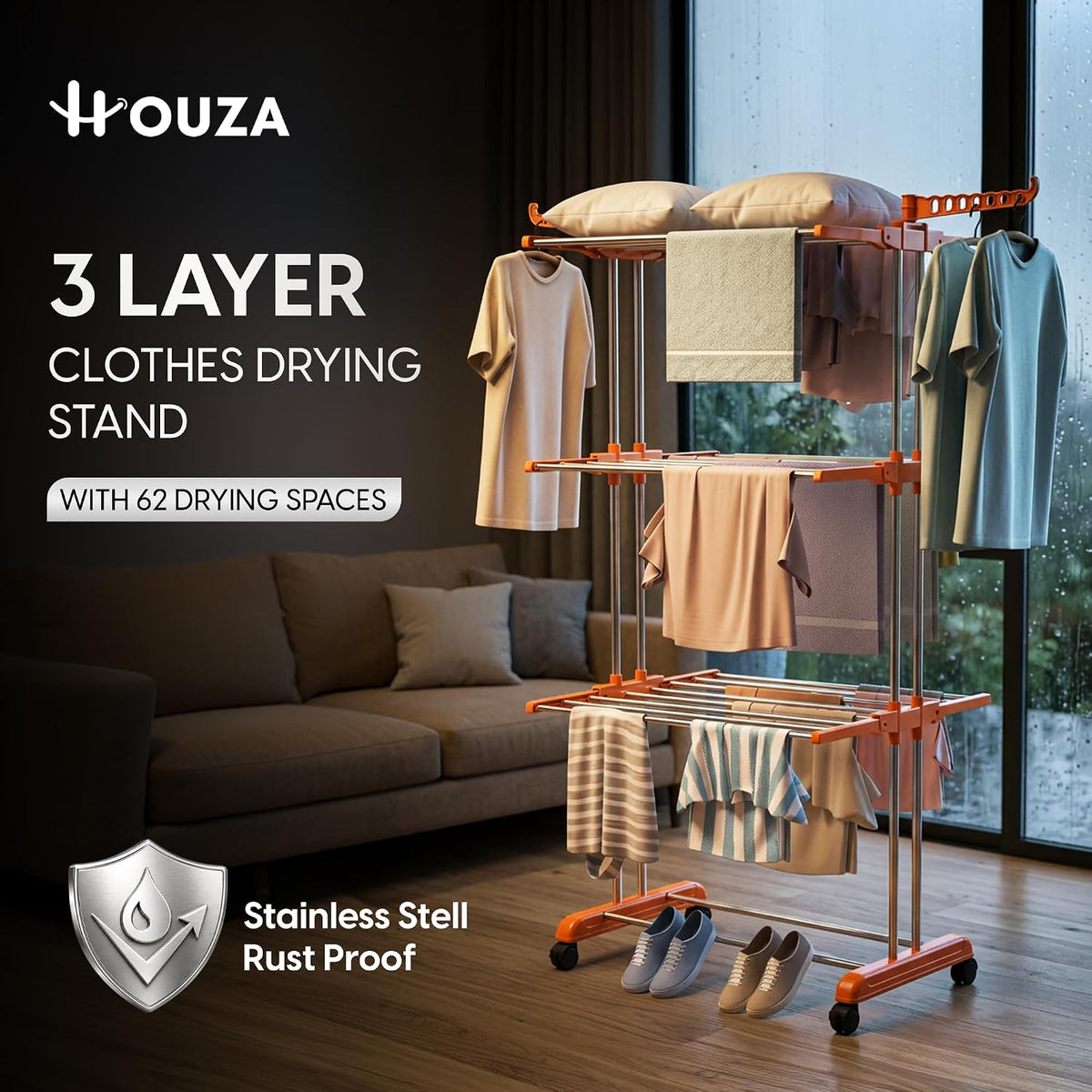 HOUZA Stainless Steel Clothes Drying Stand | 3 Layer Foldable Cloth Dryer Stand with Wheels | 6 Foldable Wings - Orange