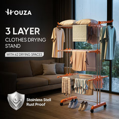 HOUZA Stainless Steel Clothes Drying Stand | 3 Layer Foldable Cloth Dryer Stand with Wheels | 6 Foldable Wings - Orange