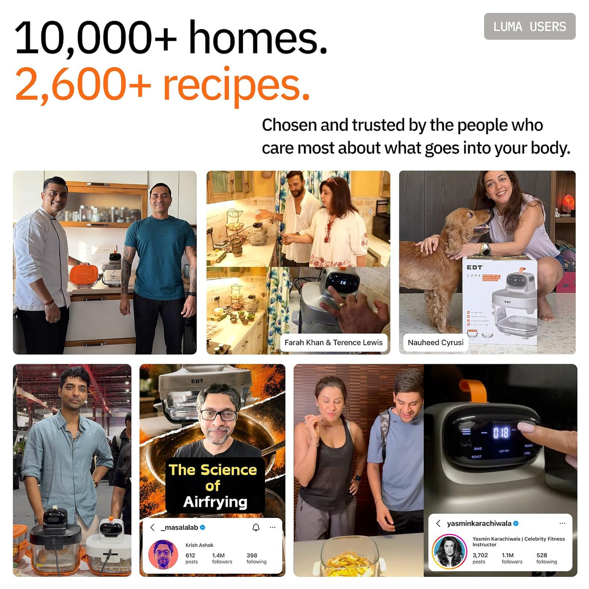 EDT Luma ZERO COATING PureGlass™ Air Fryer Oven | 4.5L + 2.5L Dual Bowl | NutriRetain™ | 6-in-1 Multi Function | 100% Toxin Free No Ceramic, PFAS, PTFE, PFOA | 1500W (Orange 4.5L + 2.5L)