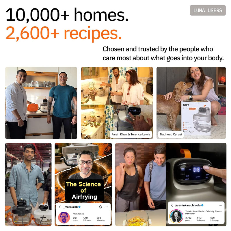 EDT Luma ZERO COATING PureGlass™ Air Fryer Oven | 4.5L + 2.5L Dual Bowl | NutriRetain™ | 6-in-1 Multi Function | 100% Toxin Free No Ceramic, PFAS, PTFE, PFOA | 1500W (Orange 4.5L + 2.5L)