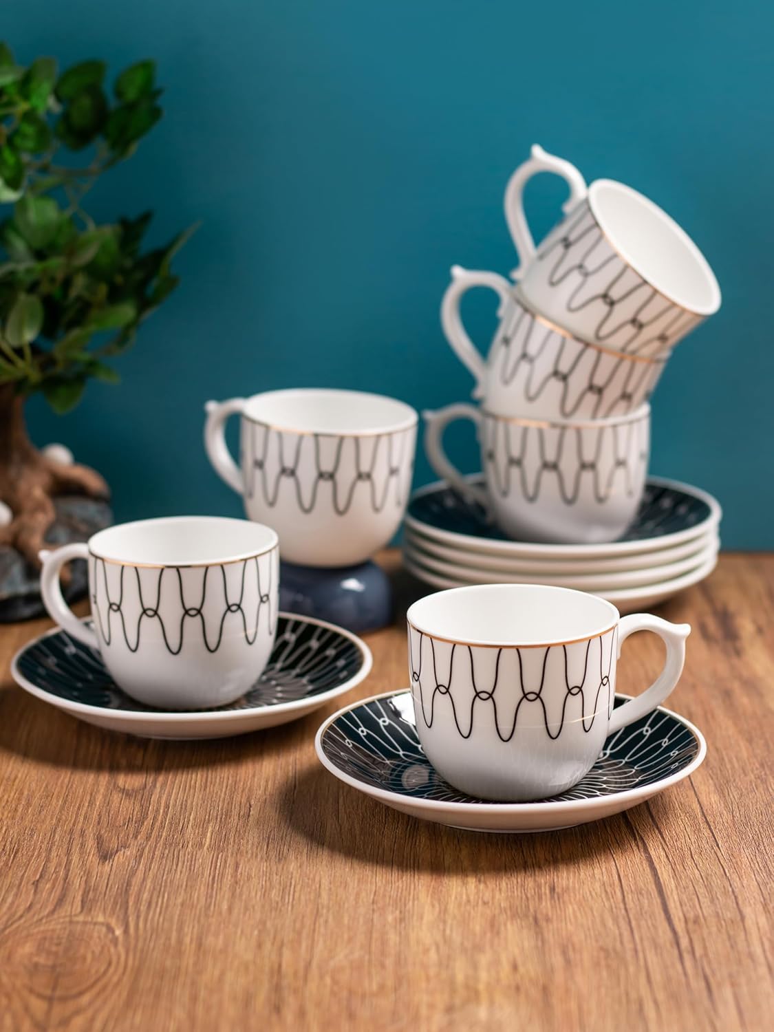 Clay Craft Fine Ceramic Gold Printed Cup & Saucer Set of 12-6 Cups & 6 Saucers - 180 ml Each (MAHARANI Noir N406)