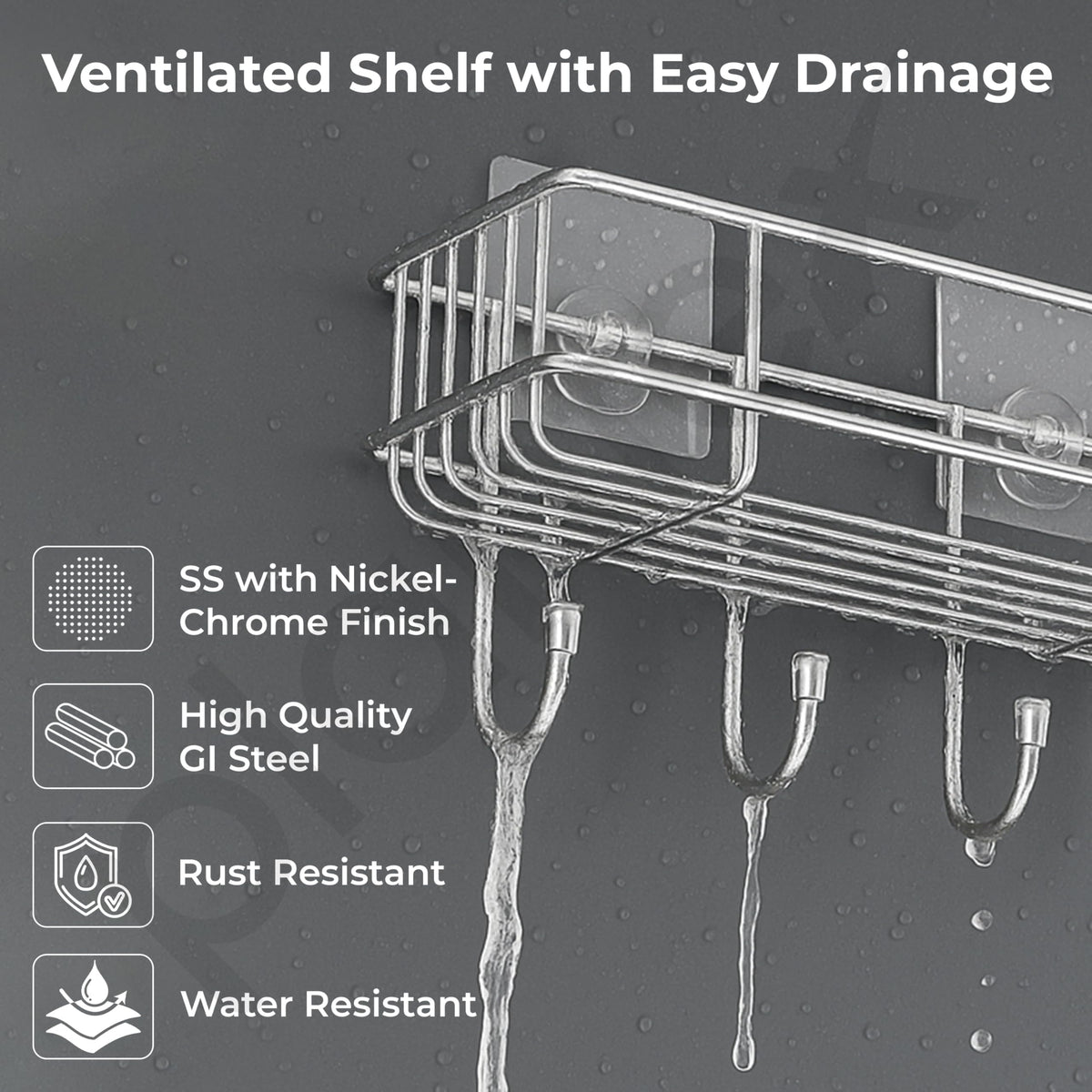Plantex Stainless Steel Self Adhesive Bathroom Shelf/No Drill Bathroom Organizer with Hooks/Washroom Shelf- Pack of 1(Chrome)-2