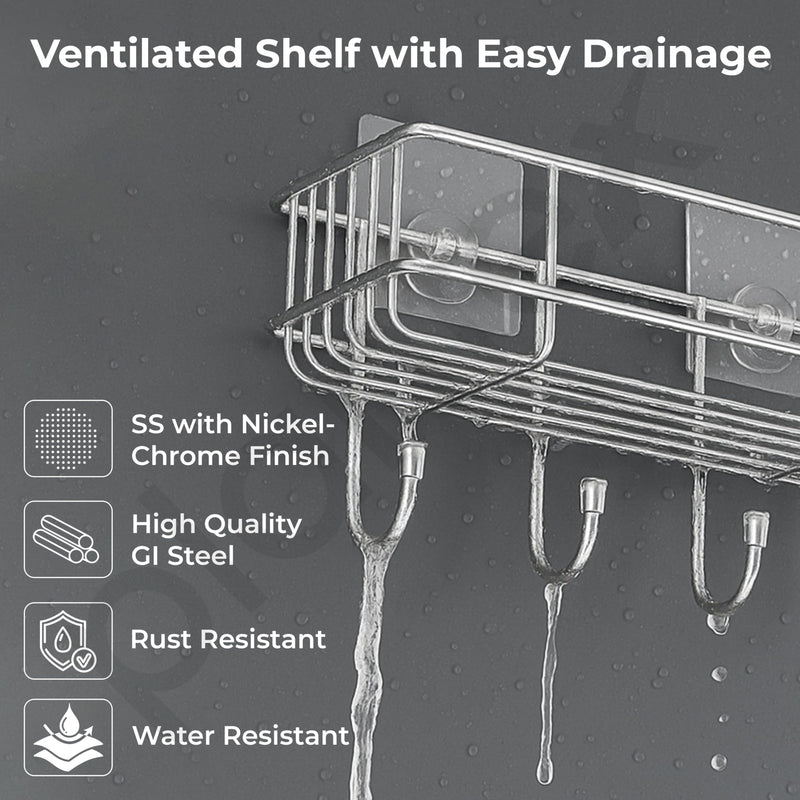 Plantex Stainless Steel Self Adhesive Bathroom Shelf/No Drill Bathroom Organizer with Hooks/Washroom Shelf- Pack of 1(Chrome)-2