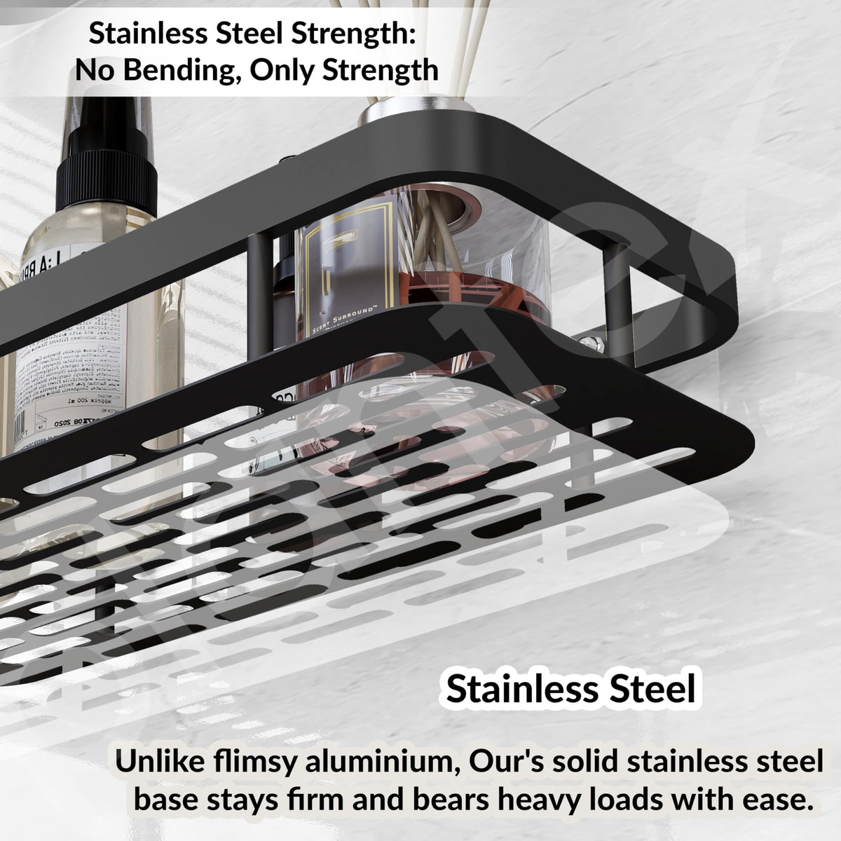 Plantex Bathroom Organizer Without Drill/Stainless Steel & Aluminium Shelf for Wall with Adhesive Stickers - Pack of 1 (12x5 inch, Black)-4