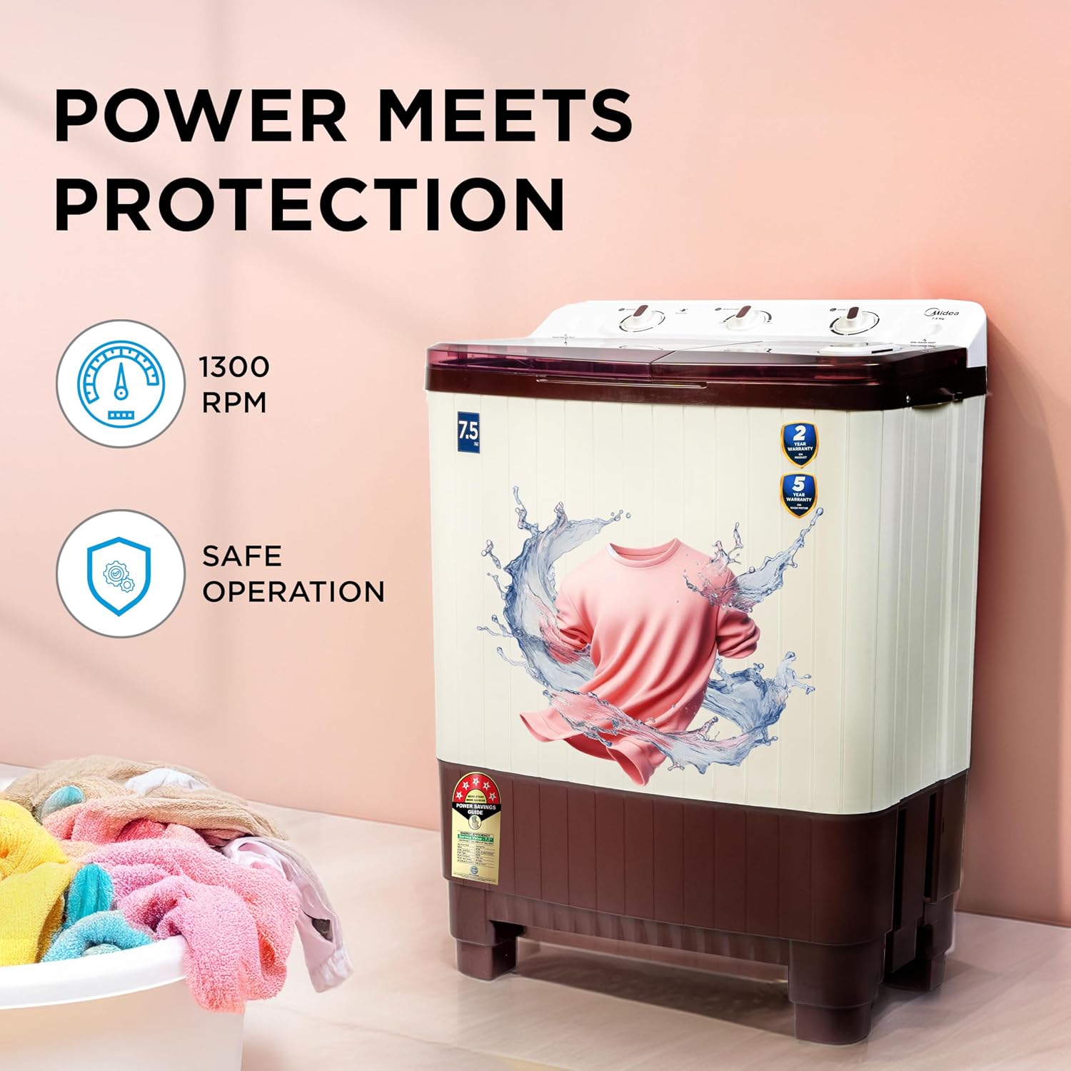 Midea 7.5 kg 5 star Semi Automatic Top Loading Washing Machine, Maroon, Rust proof Body, Air Dry Function (MWMSA075PPG(MW), Rat Away Feature)