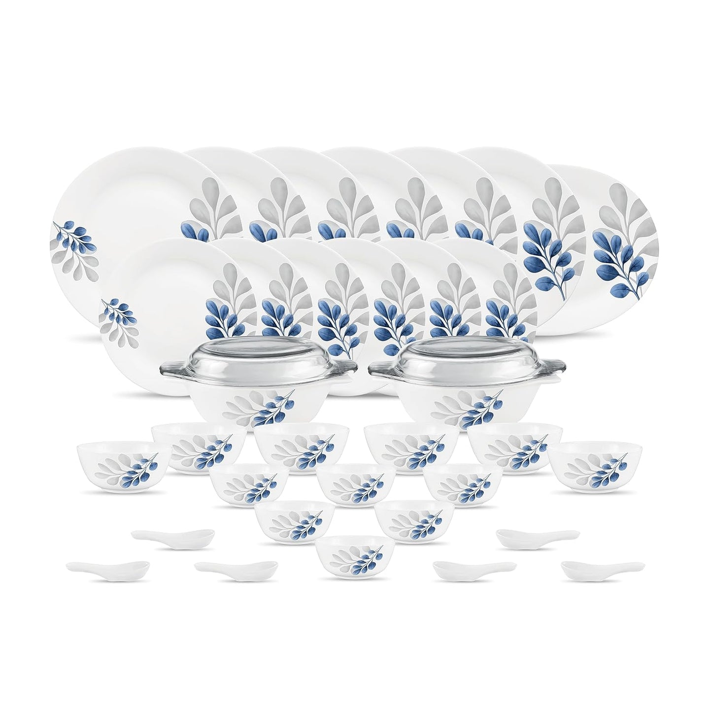 Diva by La Opala, Pearl Collection, Opal Glass Dinner Set 35 pcs, Indigo Bliss, White