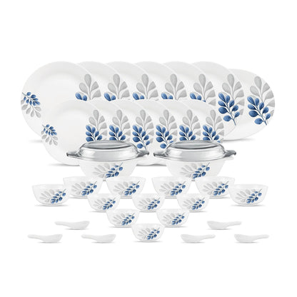 Diva by La Opala, Pearl Collection, Opal Glass Dinner Set 35 pcs, Indigo Bliss, White