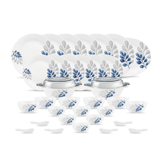 Diva by La Opala, Pearl Collection, Opal Glass Dinner Set 35 pcs, Indigo Bliss, White