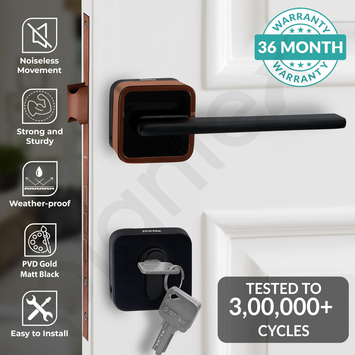 Plantex Door Lock for Home/Main Door Lock Set with 3 Computerized Key/Mortise Locks for Door with Brass Lockbody & Cylinder (SM036, Rose Gold & Black)-2