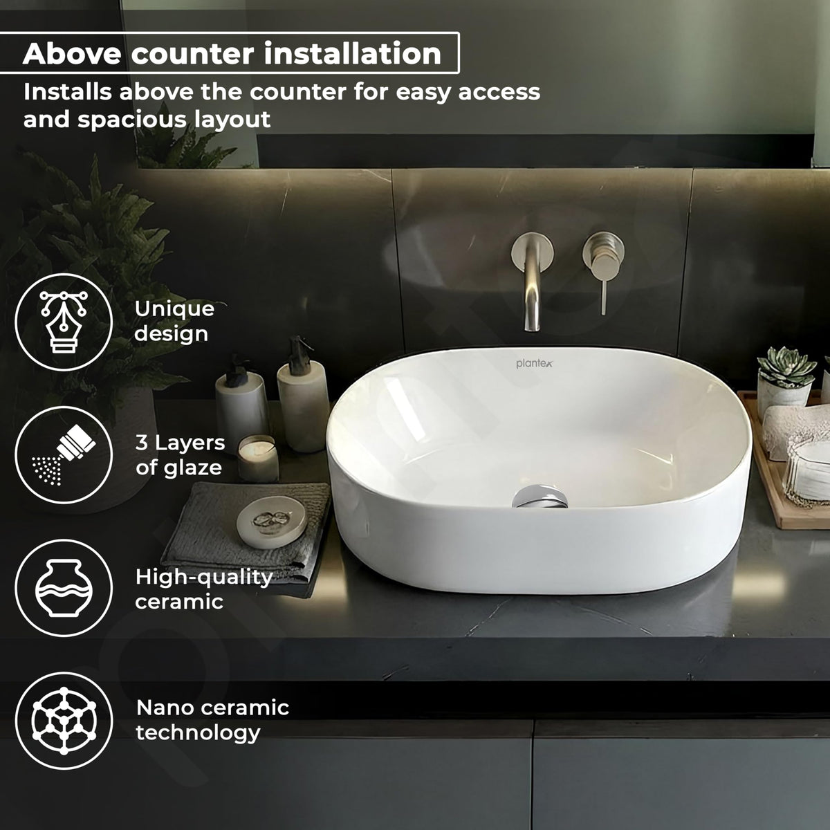 Plantex TableTop Wash Basin for Bathroom/Ceramic Basin with 10 Years Glaze Warranty by Plantex/Washbasin for Home/Hotel/Restaurant (Glossy White - 19 x 13 x 5.5 Inch)-5