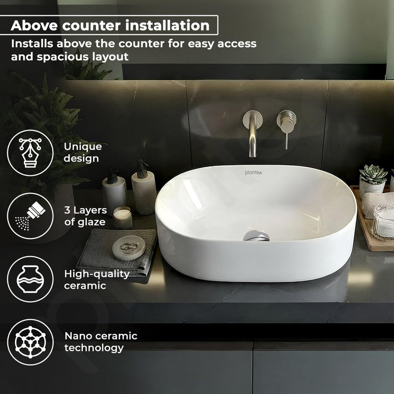 Plantex TableTop Wash Basin for Bathroom/Ceramic Basin with 10 Years Glaze Warranty by Plantex/Washbasin for Home/Hotel/Restaurant (Glossy White - 19 x 13 x 5.5 Inch)-5