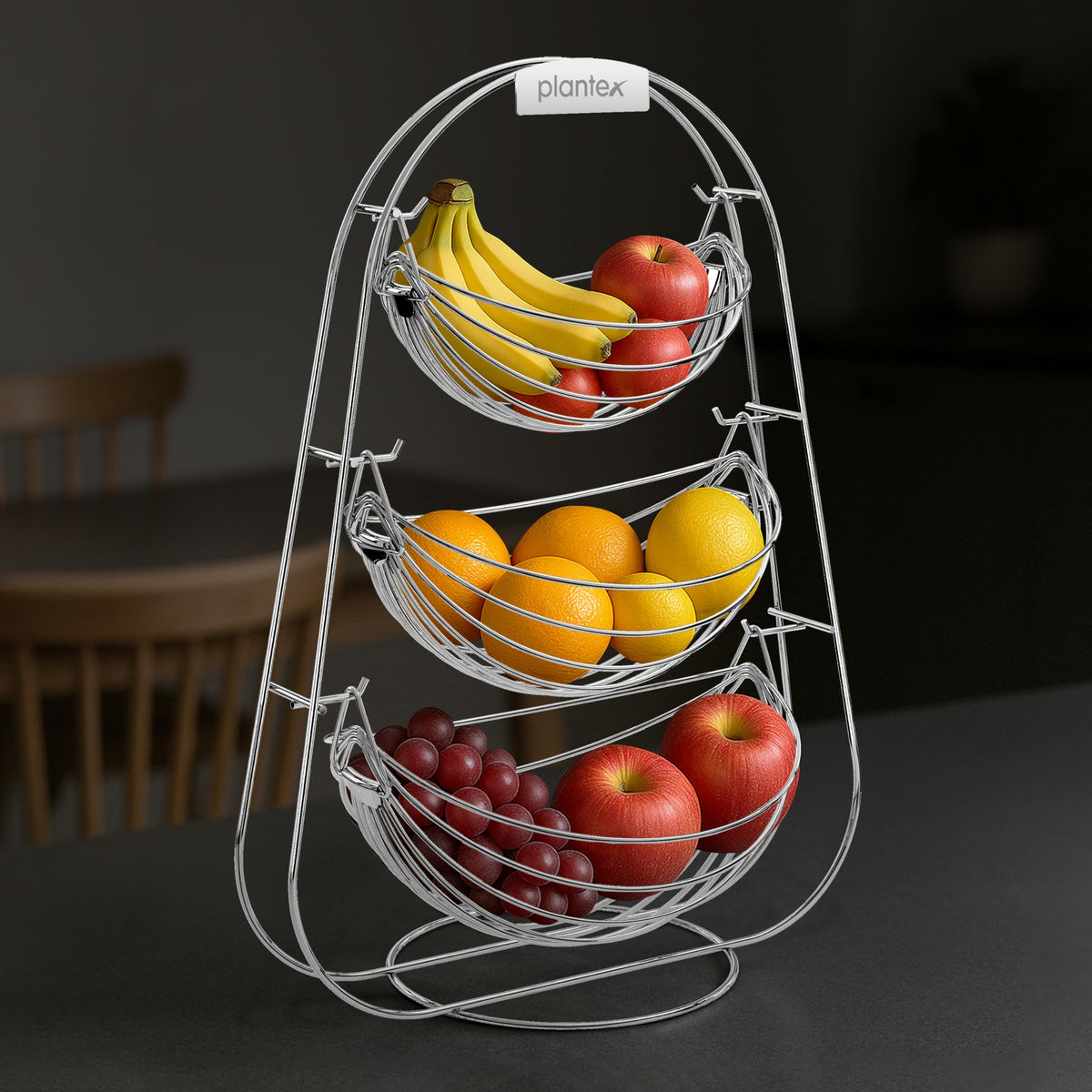 Plantex Stainless Steel Fruit Basket for Dining Table/3 Tier Swing Fruit Bowl/Vegetable Basket Stand/Onion Potato Rack for Kitchen