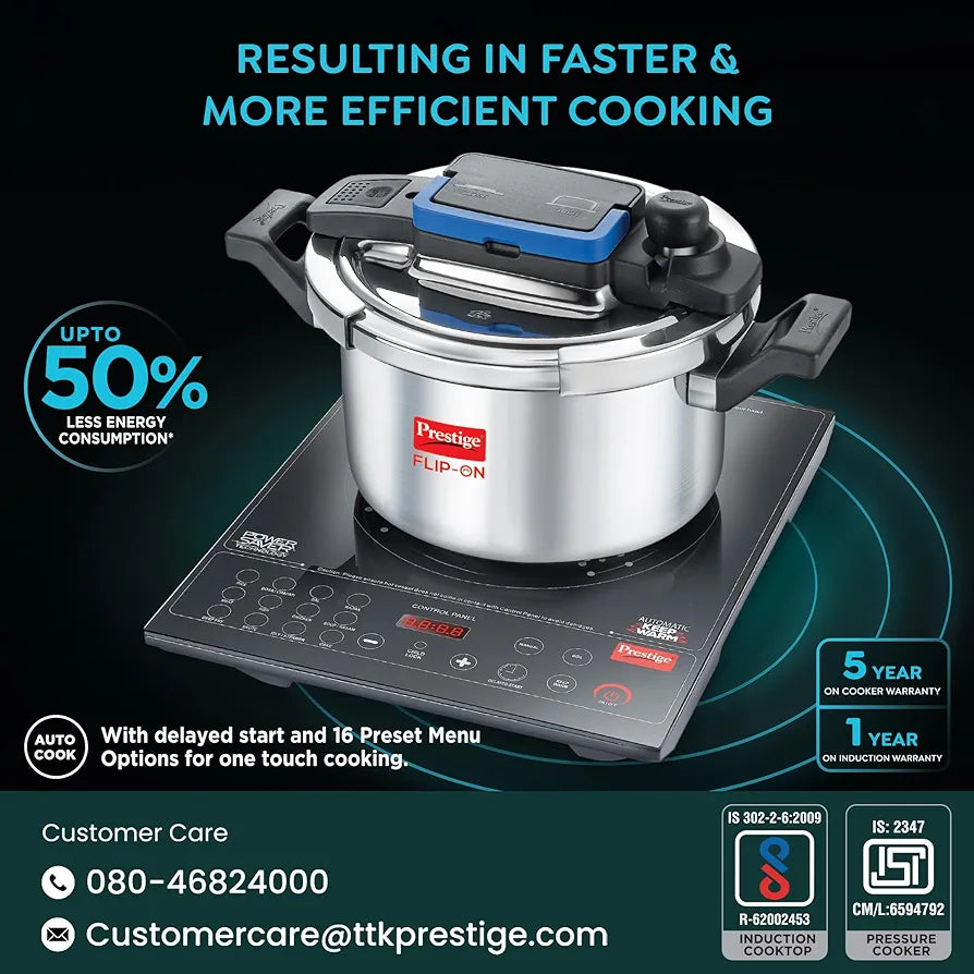 Prestige Cookcenter Induction Cooktop, Flip On Stainless Steel Pressure Cooker 5L 22cm Dia with Glass Lid, 4 Idly Plates, Frying Basket, Cake Mould 2.1, Cooker Separator 19cm Dia
